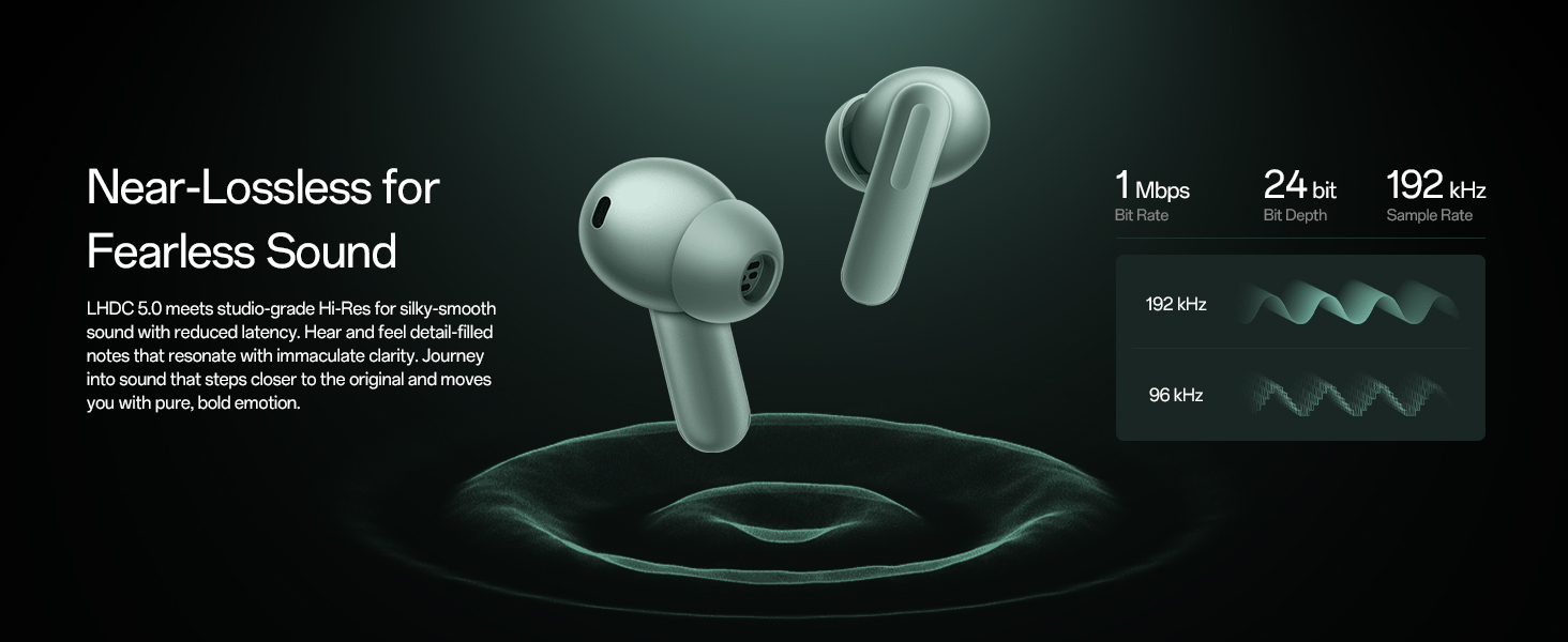 Text reads: 'Near-Lossless for Fearless Sound' with technical specifications showing 1ms, 24H, 150Hz. Digital illustration of mint-colored wireless earbuds with soundwave graphics.