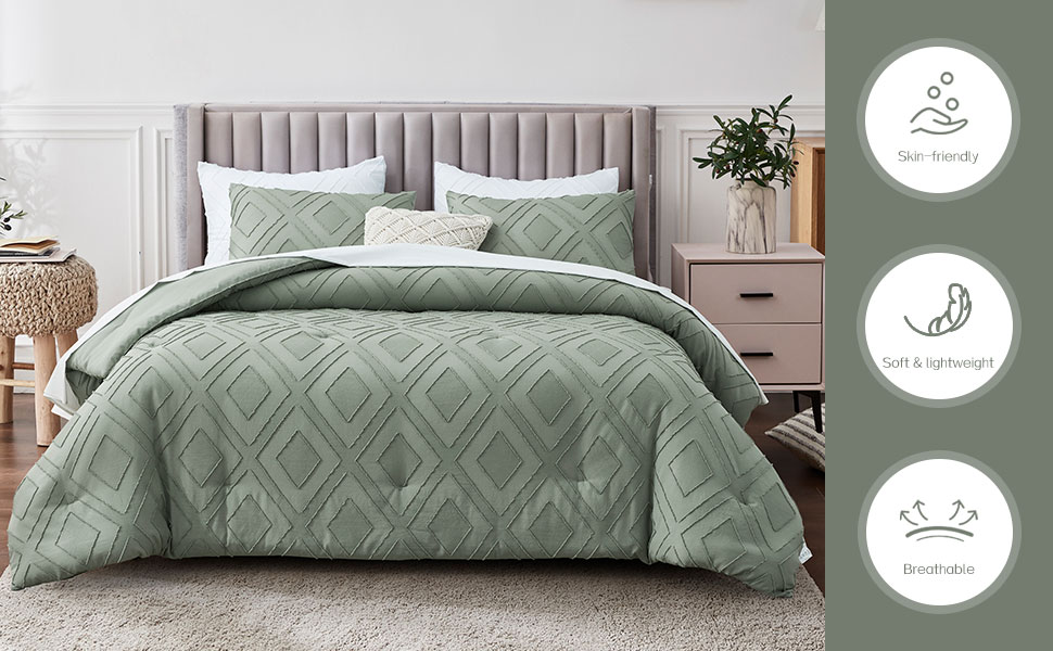 FROHAUL Boho Queen Comforter Set,Sage Green Rhombus Tufted