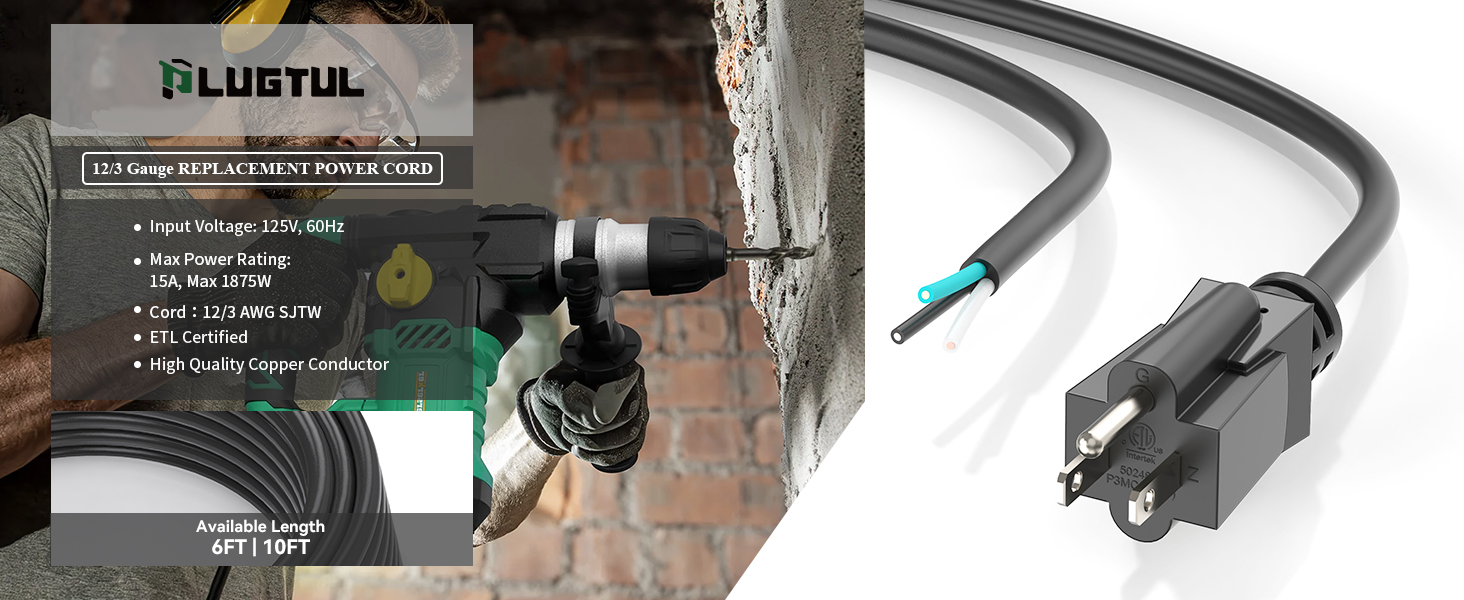 PLUGTUL Replacement Power Cord 10 FT, 12 Gauge, 3 Prong