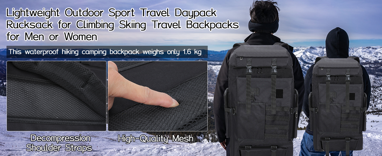 Sac à dos de voyage léger pour sports de plein air de couleur noire avec plusieurs vues affichant des poches et des caractéristiques sur fond gris