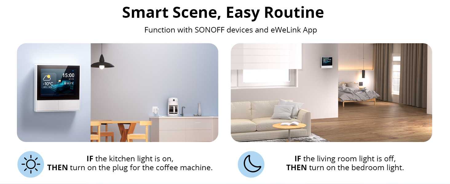 Smart home automation system with wall-mounted touchscreen panel. Shows living room and kitchen scenes with automated lighting and appliance control based on conditions.