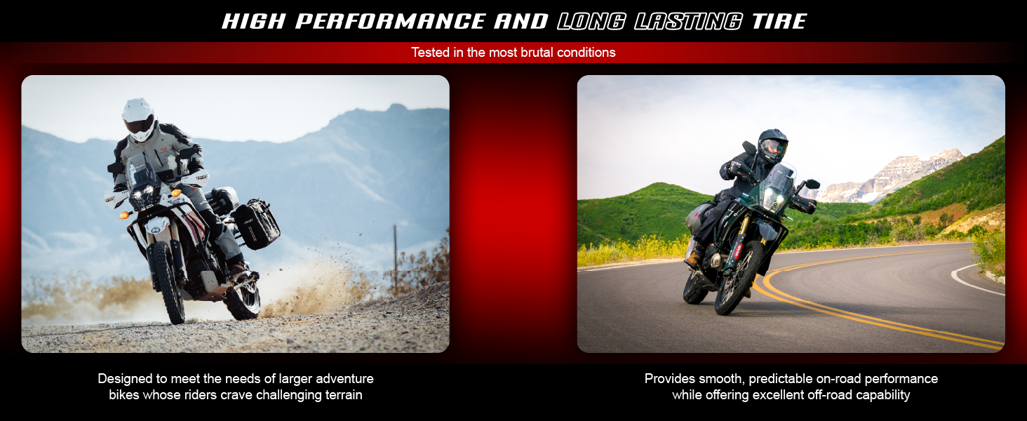 Adventure bike riding on dirt road and pavement for performance testing