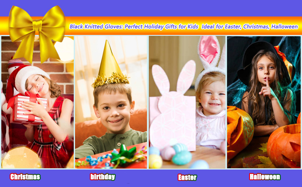 Black Knitted Gloves: perfect holiday gifts for kids, ideal for Easter, Christmas, Halloween.