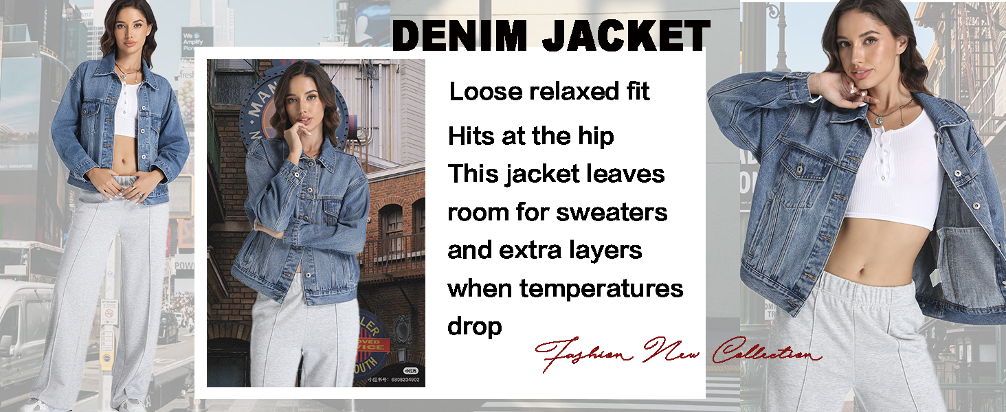 Women's Denim Jacket Loose Relaxed Ftt with Pocket Blue Trucker Jean Jacket Coats