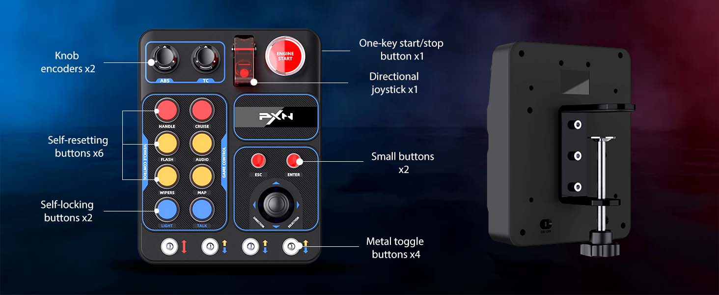 Gaming controller with multiple buttons, joysticks, and toggles. Features include self-centering sticks, one-key start/stop, directional joypad, and metal toggle buttons. Side view shows mounting bracket.