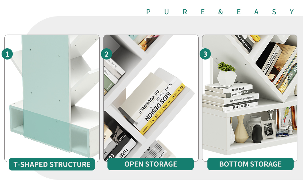 YITAHOME Tree Bookshelf, Floor Standing Bookcase with Wooden Drawer Industrial Shelving Units