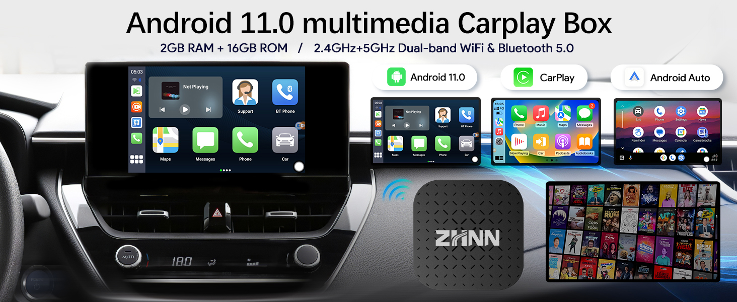 ZHNN Carplay AI Box, Wireless Android Auto AI Box Stream Videos to Your ...