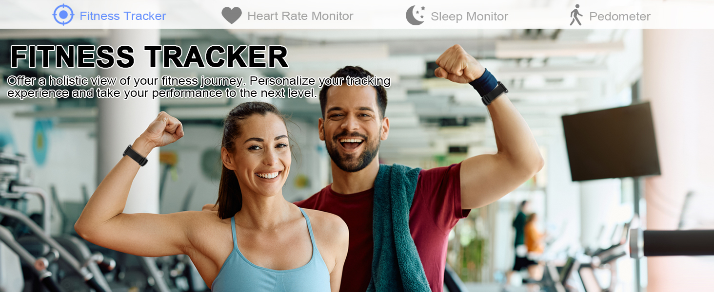 Text: 'FITNESS TRACKER'. Group fitness activity scene with exercise equipment visible.