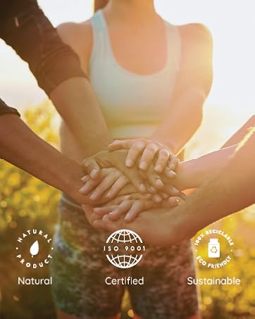 Le texte indique « Naturel », « Certifié », « Durable ». Trois icônes circulaires avec des symboles de certification des produits dans des conditions d'éclairage chaudes.