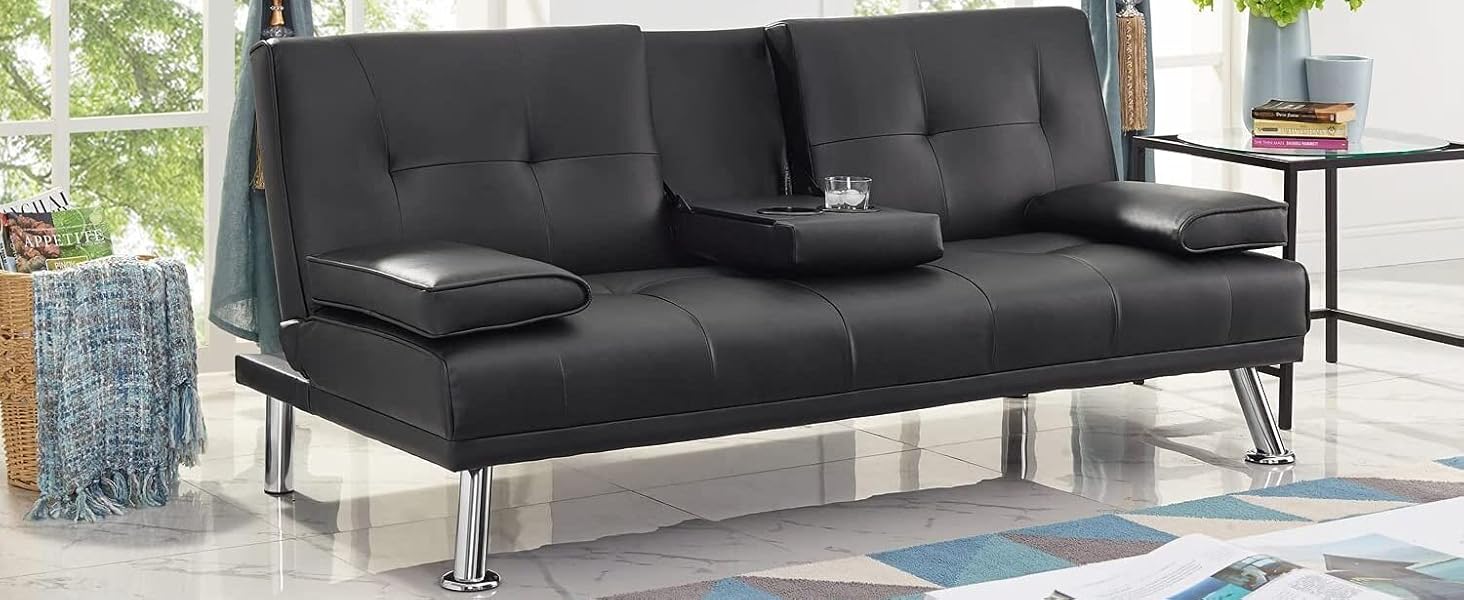 Naomi Home Futon Sofa Bed, Faux Leather Futon Couch with