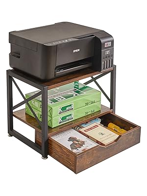 avec finition en bois. Comprend une étagère supérieure pour l'imprimante, une étagère centrale pour le rangement du papier et un tiroir coulissant en bas