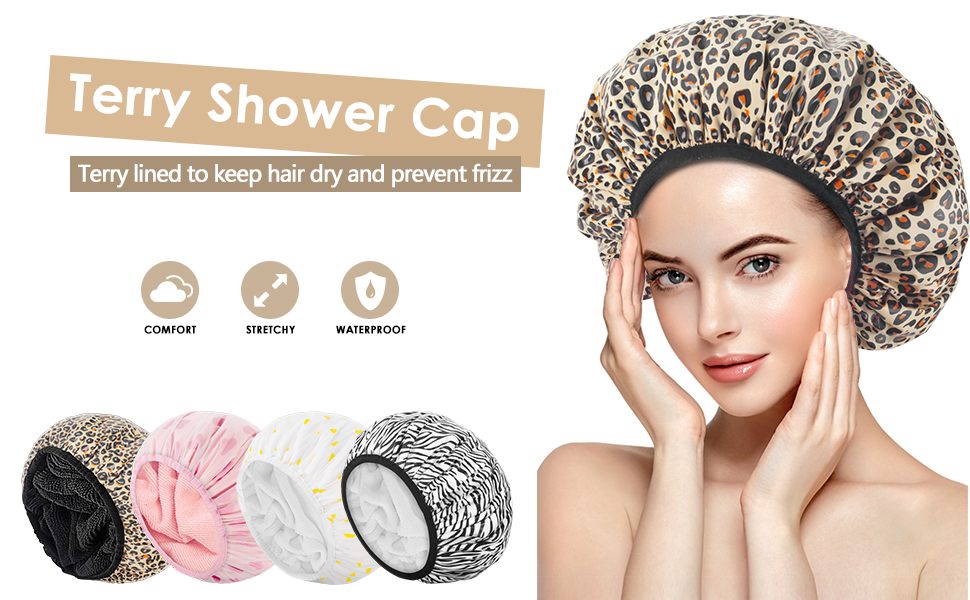 Auban Shower Cap, Shower Cap for Women Terry Cloth Lined