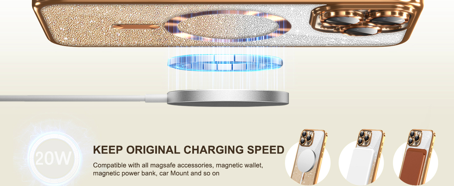 Gold-colored phone case with a circular wireless charging component hovering above it. Multiple case styles shown, including leather options.