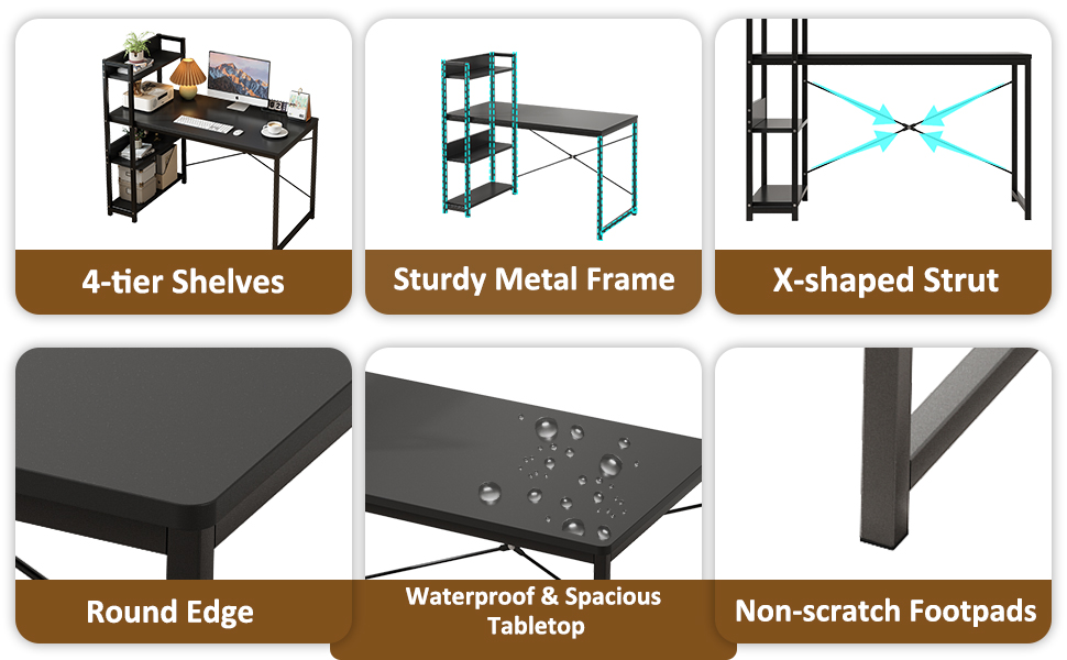 Computer Study Table with 4Tier Shelves，Modern Home Desk