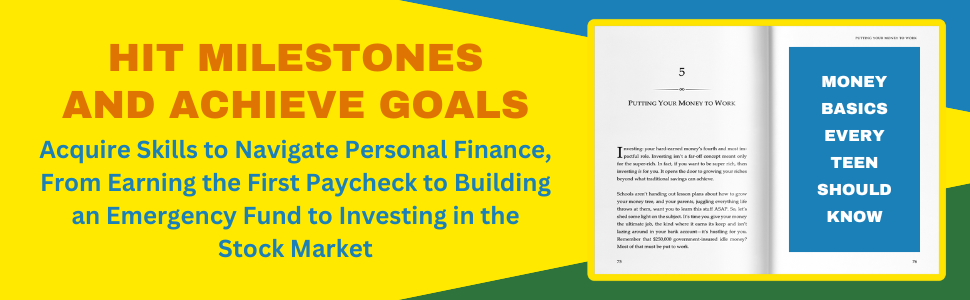 book interior with text about teaching teens money skills to save invest get a job and achieve goals