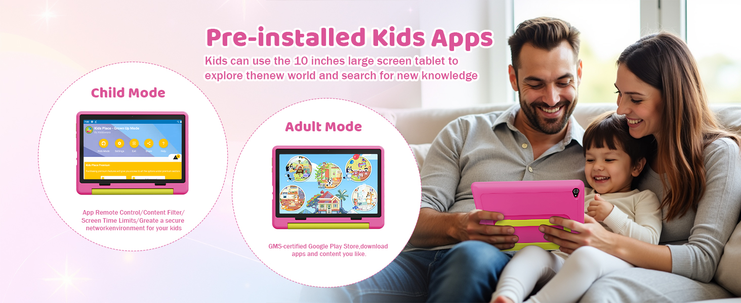 Tablet interface showing split-screen of kids and adult modes with pre-installed children's apps, featuring colorful gaming interfaces.
