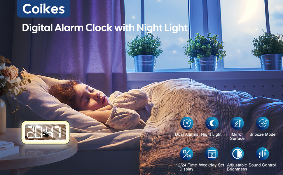 Coikes Digital Alarm Clock with Night Light Large Digital Led Display Dual Alarm Clocks Snooze