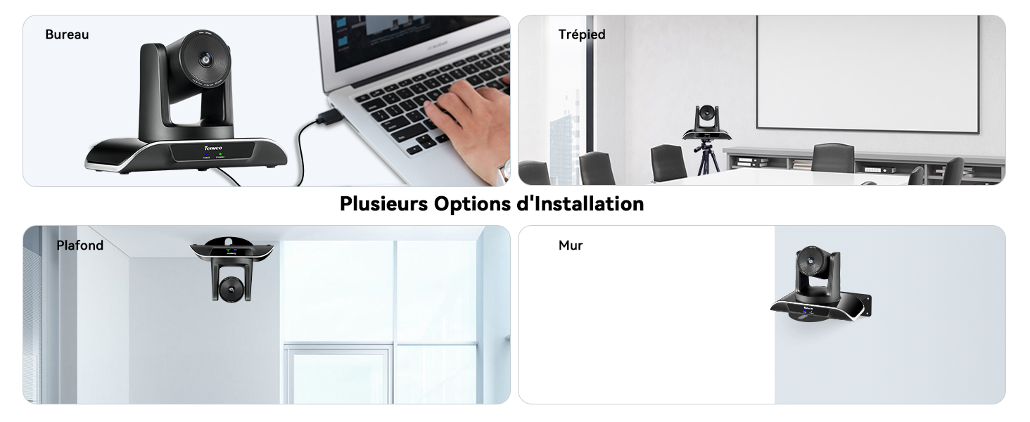 avec plusieurs options d'installation. Montre la caméra montée sur le moniteur, le mur et le plafond dans différents environnements de bureau.