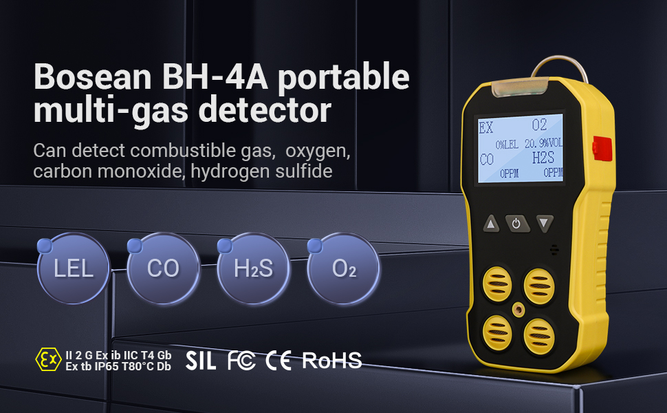 BOSEAN 4 Gas Detector, Multi Gas Monitor, O2, CO, H2S, EX Meter with