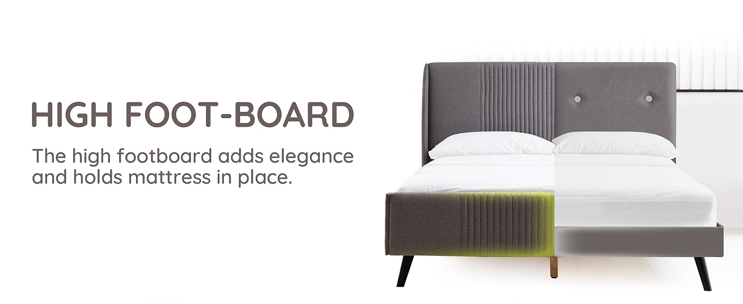 Bed Frame Fabric Upholstered Vertical Channel Tufted Wingback Headboard Footboard Strong Wood Slats