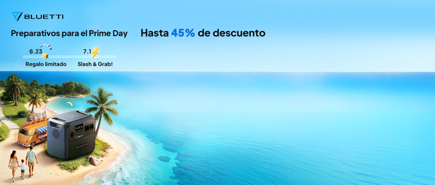 El texto dice «Hasta 65% de descuento». Cartel promocional que muestra una escena de playa tropical con palmeras y agua turquesa.