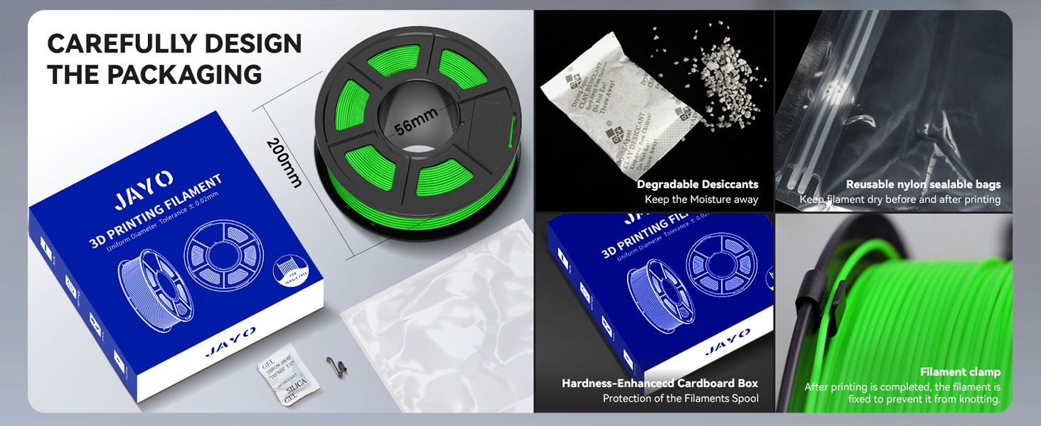 3D printer filament set with blue packaging box, green filament spool, and various close-up views of filament material. Box shows technical specifications and usage instructions.
