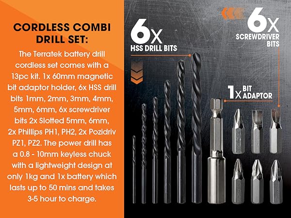 Text reads 'CORDLESS COMBI DRILL SET' followed by '6x' indicators. Product display showing black drill bits arranged in a progression, with orange text panels providing specifications.