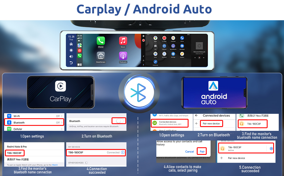 Mirror Dash Cam Wireless Apple Carplay Android Auto, 11.26" Touch