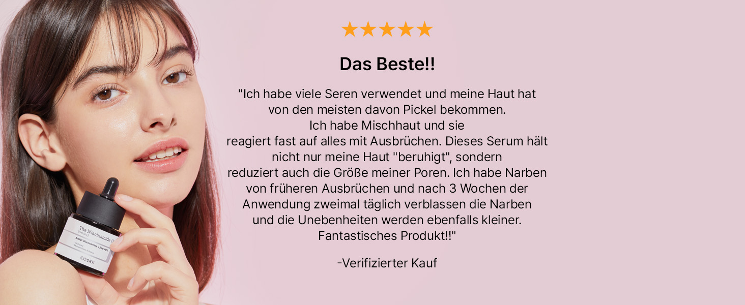 Produktbewertungsdisplay mit fünf goldenen Sternen und deutschem Textfeedback auf rosafarbenem Hintergrund. Zeigt das Format von Kundenreferenzen