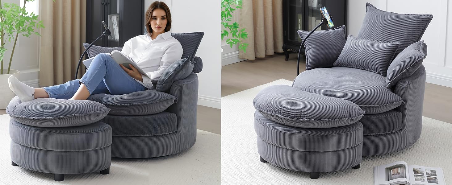 Swivel Chair with Half Moon Storage Ottoman, Round Oversized Swivel Barrel Chair with Base Storage