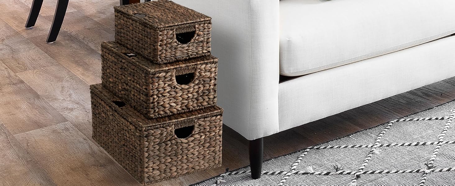 Casafield Water Hyacinth Lidded Storage Baskets, Set of Woven Wicker Bins with Lids, Espresso Color
