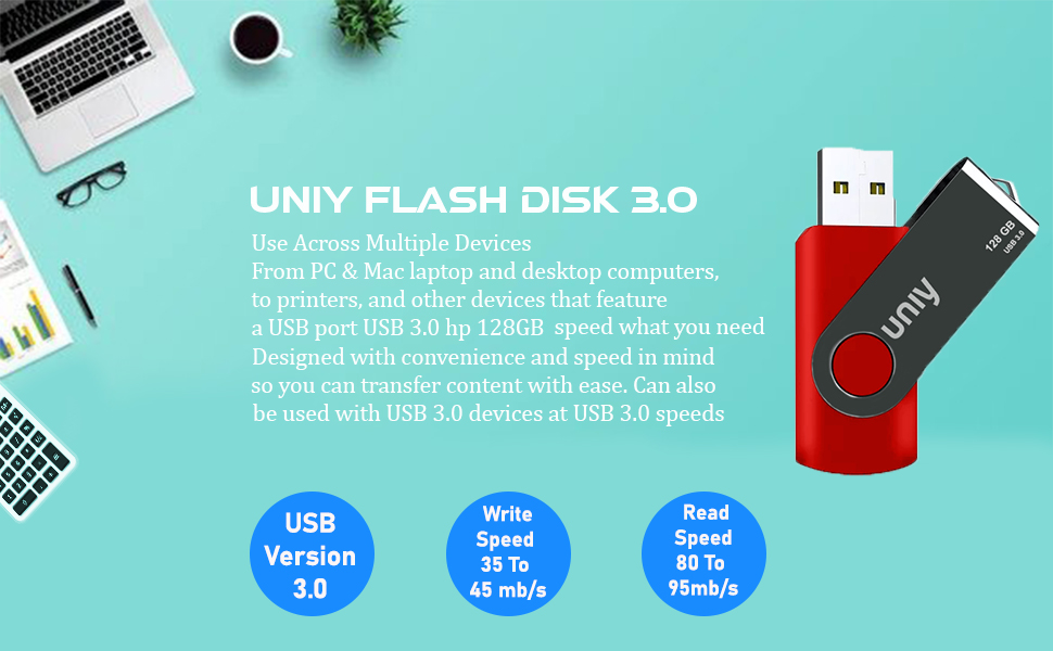UNIY 128GB USB 3.0 Flash Drive with Functional Metal Cap and Strap Hole