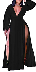 Womens Sexy Plus Size Dress Long Sleeve Deep V Neck High Split Long Maxi Dresses Clubwear