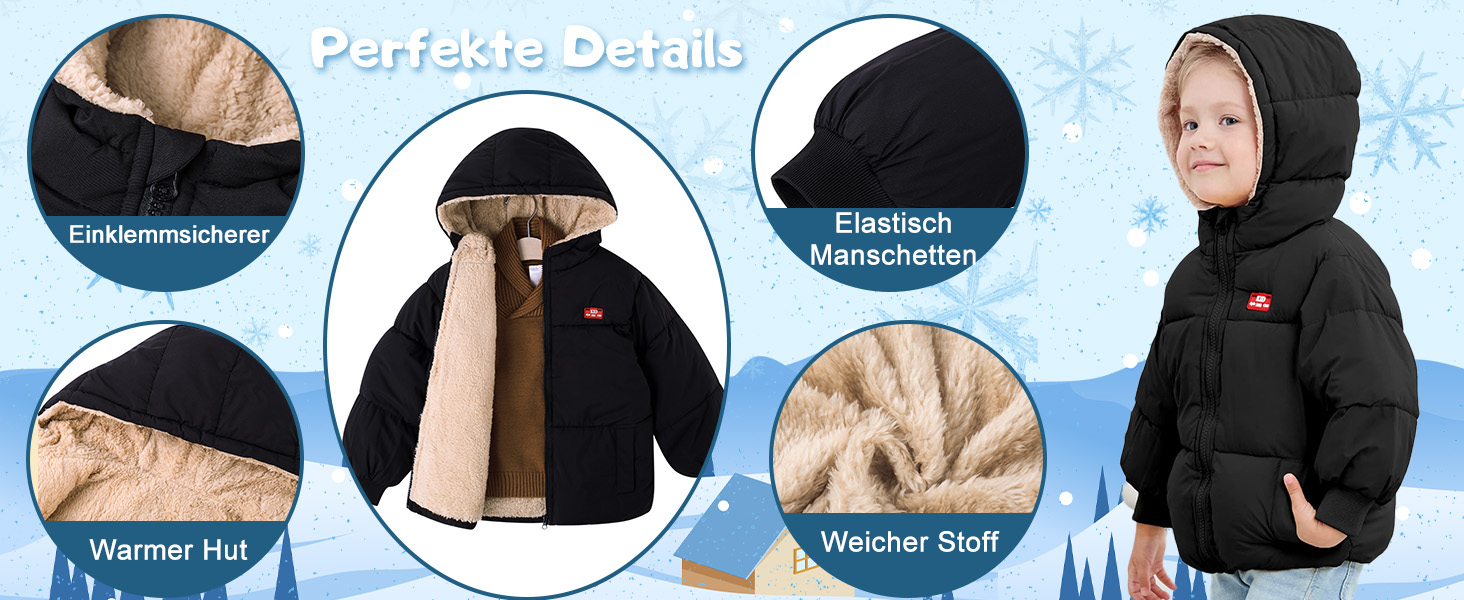 Wintermantels für Kinder: Fleecefutter, elastische Bündchen, warme Kapuze. Mehrere Ansichten zeigen eine schwarze Außenseite und ein hellbraunes Innenfutter.