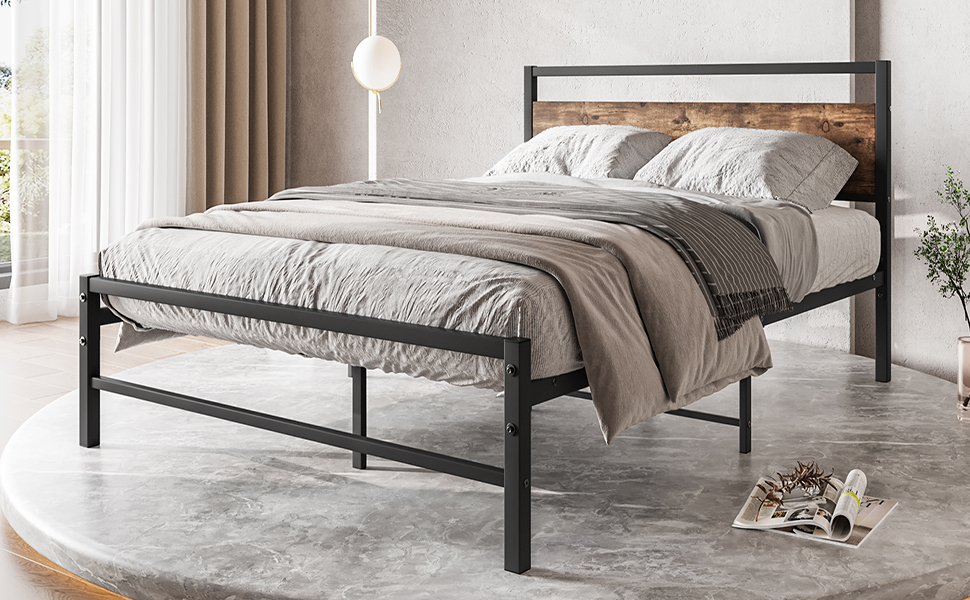 FOUBAM Full Size Bed Frame with Wooden Headboard,Metal