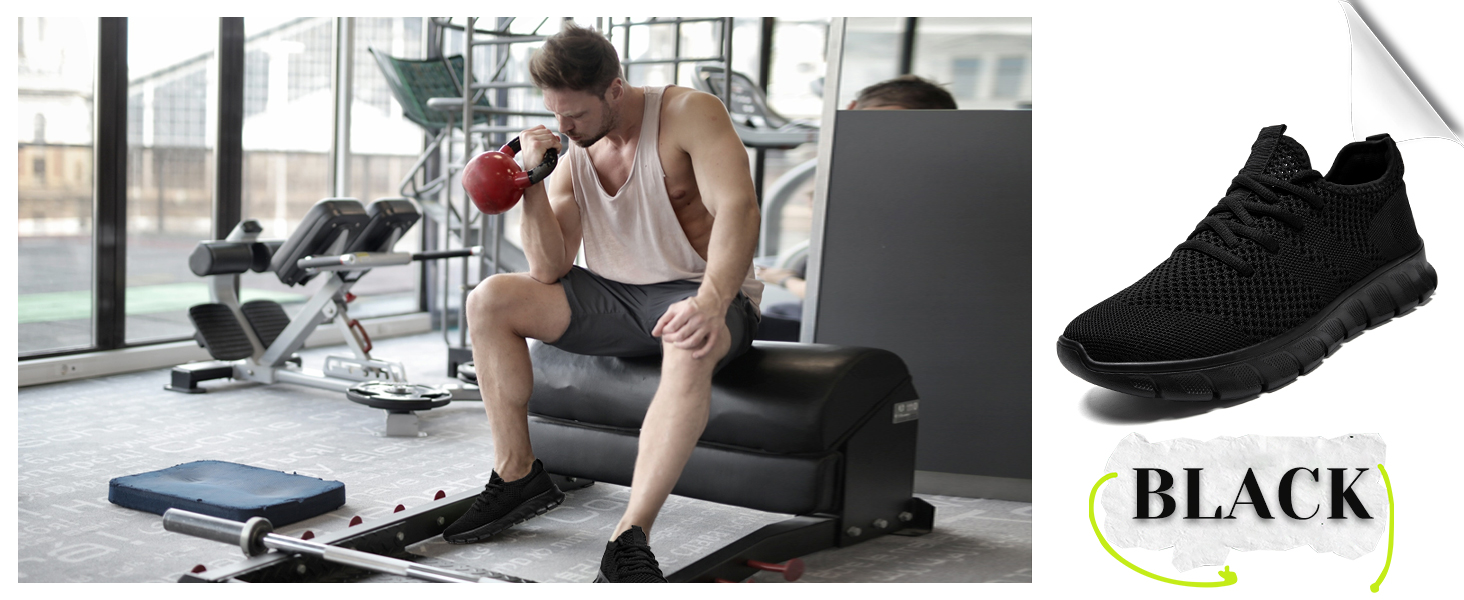 Split image: Left shows person in gym drinking from bottle. Right displays black slip-on athletic shoes with knitted upper and 'BLACK' text.