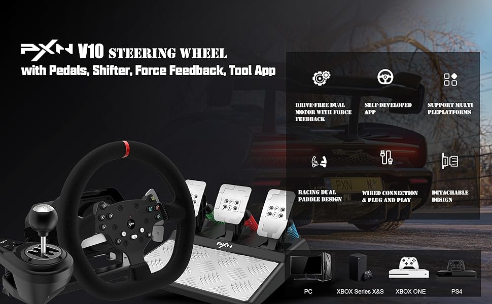PXN Force Feedback Steering Wheel, V10 Racing Wheel 270/900