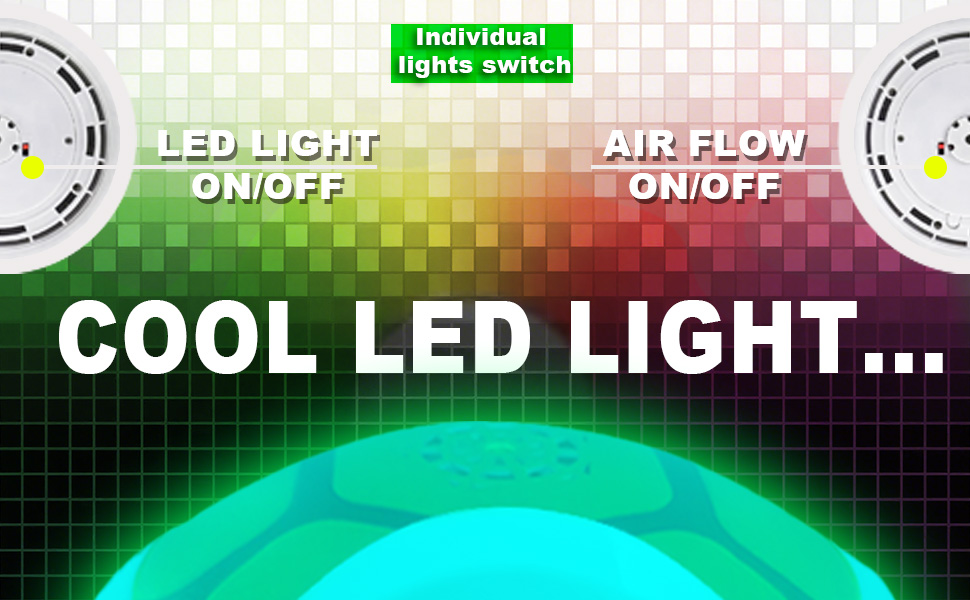 Control panel for LED light and air flow with on/off switches. Green LED light emitted from circular object below. Text reads 'COOL LED LIGHT' and 'Individual lights switch'.