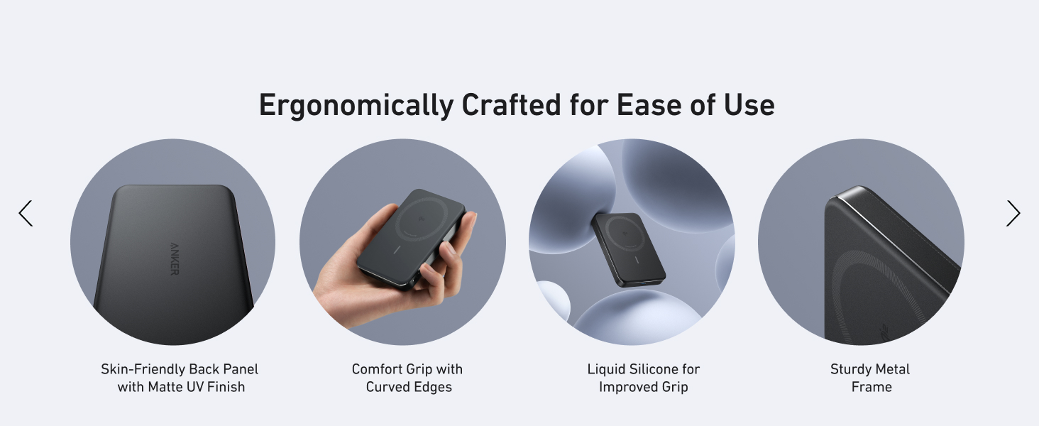 Four circular panels showcasing a slim black electronic device: full view, handheld use, compact size comparison, and side profile highlighting its thin design.