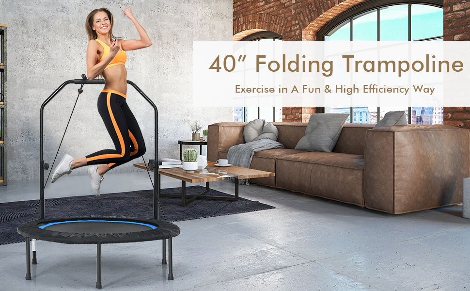 Costway 40” Foldable Trampoline with 2 Resistance Bands, Mini Rebounder w/Height Adjustable Handrail