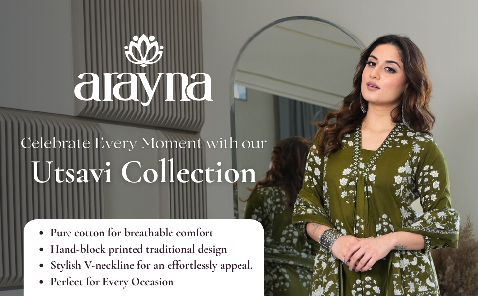 Arayna Women's Pure Cotton Block Printed Ethnic Wear Kurta Set with Palazzo Pants & Dupatta