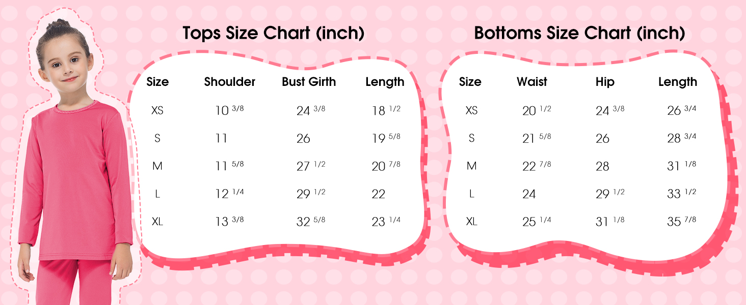 size chart for kid long underwear