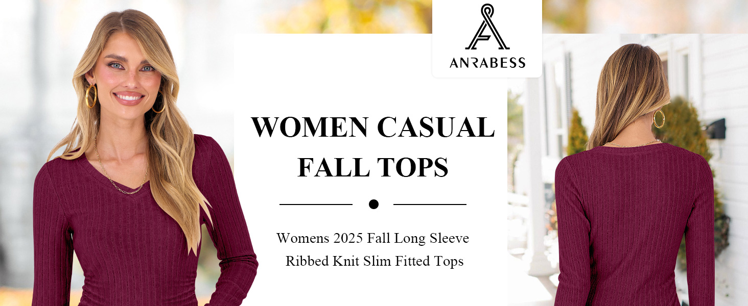 ANRABESS Womens Long Sleeve Shirts V Neck Ribbed Knit Slim Fit Lightweight Sweater