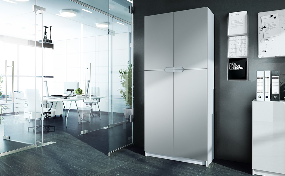 Vladon Meuble Rangement Bureau Logan V1, Armoire de Bureau Haute avec 5 Compartiments et 4