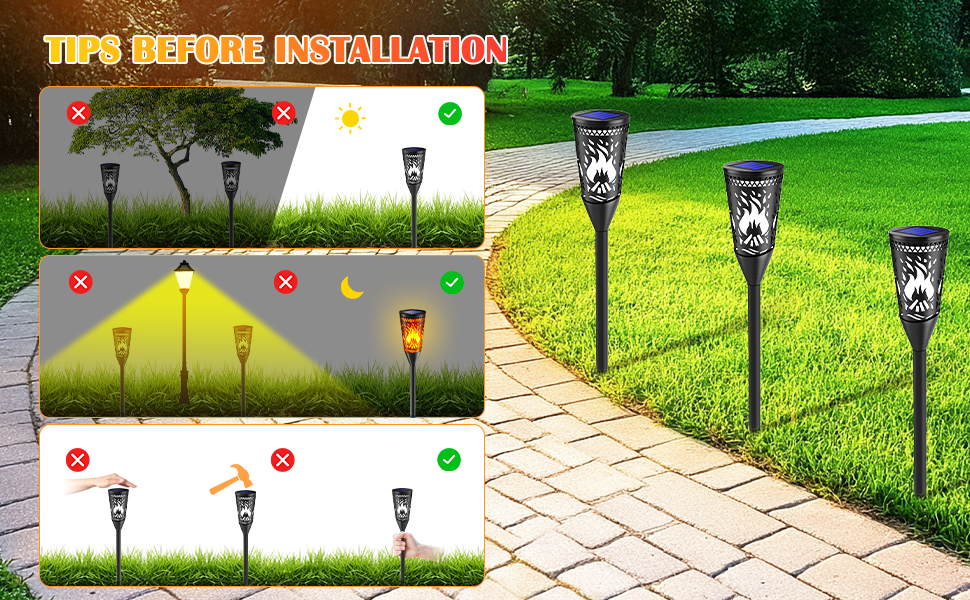 Outdoor solar light installation guide showing correct and incorrect placement. Three lights properly installed along a paved walkway bordered by grass, demonstrating optimal positioning for garden illumination.