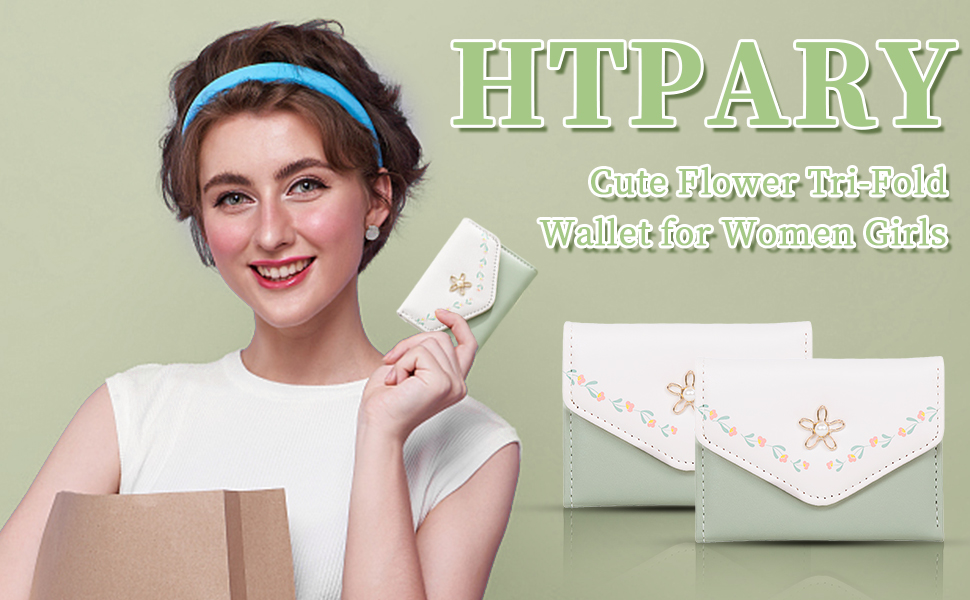 2PCS Girls Wallets Green Flower Trifolded Wallet for Women
