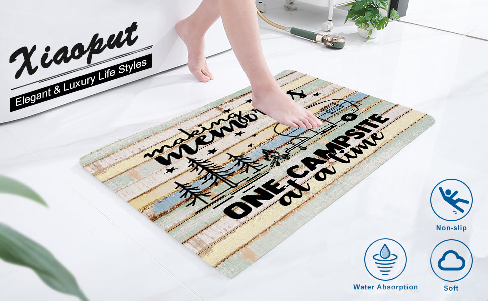Happy Camper Bathroom Rugs, Rustic Cabin Wooden Farmhouse