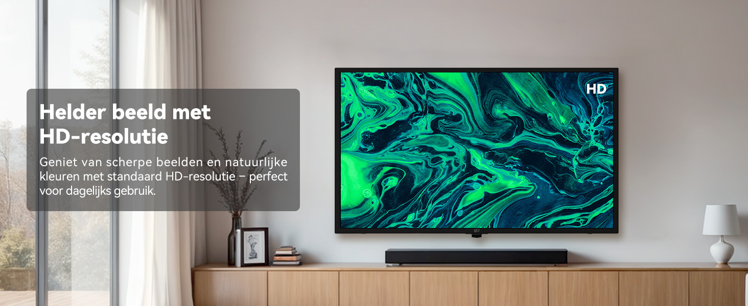 Flatscreentelevisie aan de muur met levendige groene abstracte patronen, met tekstoverlay in de linkerbovenhoek.