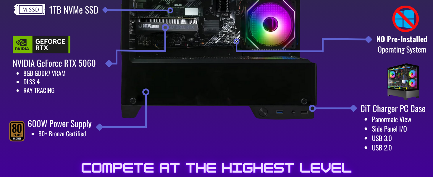 Text reads 'COMPETE AT THE HIGHEST LEVEL'. Gaming or computer hardware promotional image showing technical specifications and RGB lighting features against dark purple background.