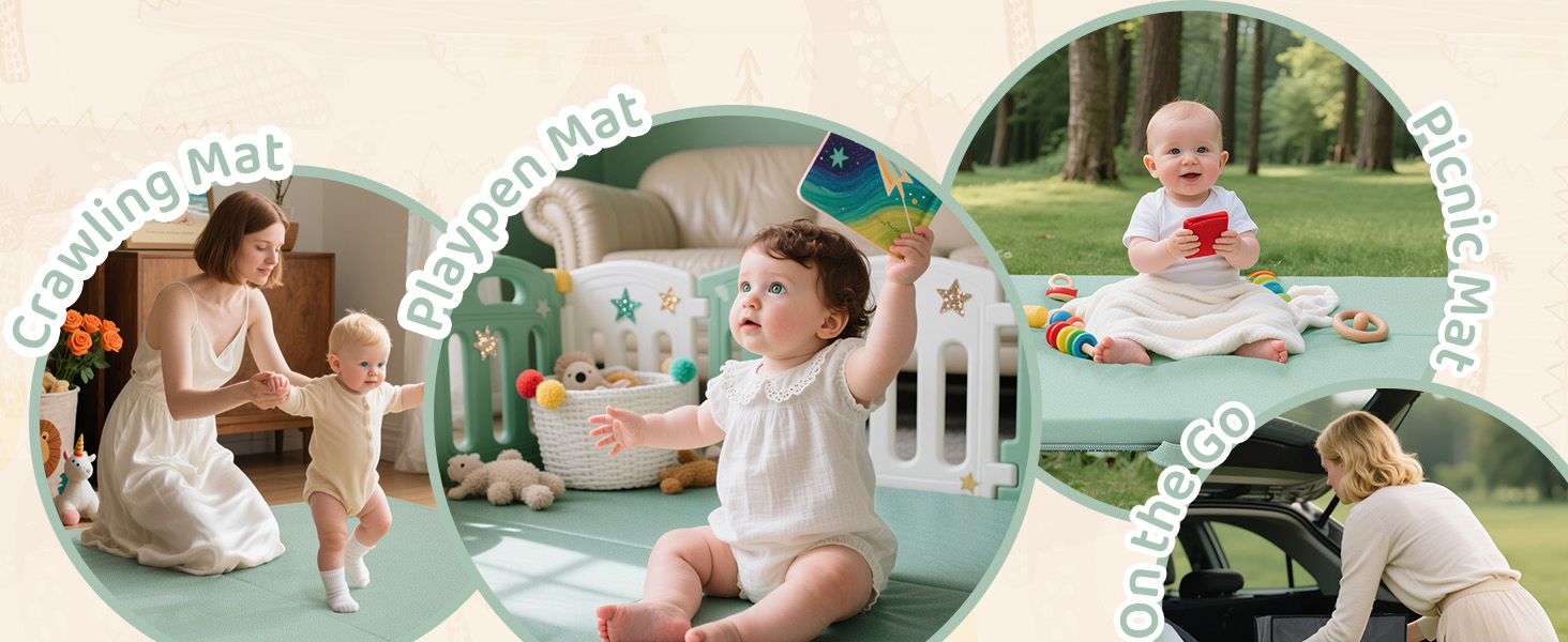 Multifunctional to use as crawling mat, playpen mat, picnic mat and portable for on-the-go use.